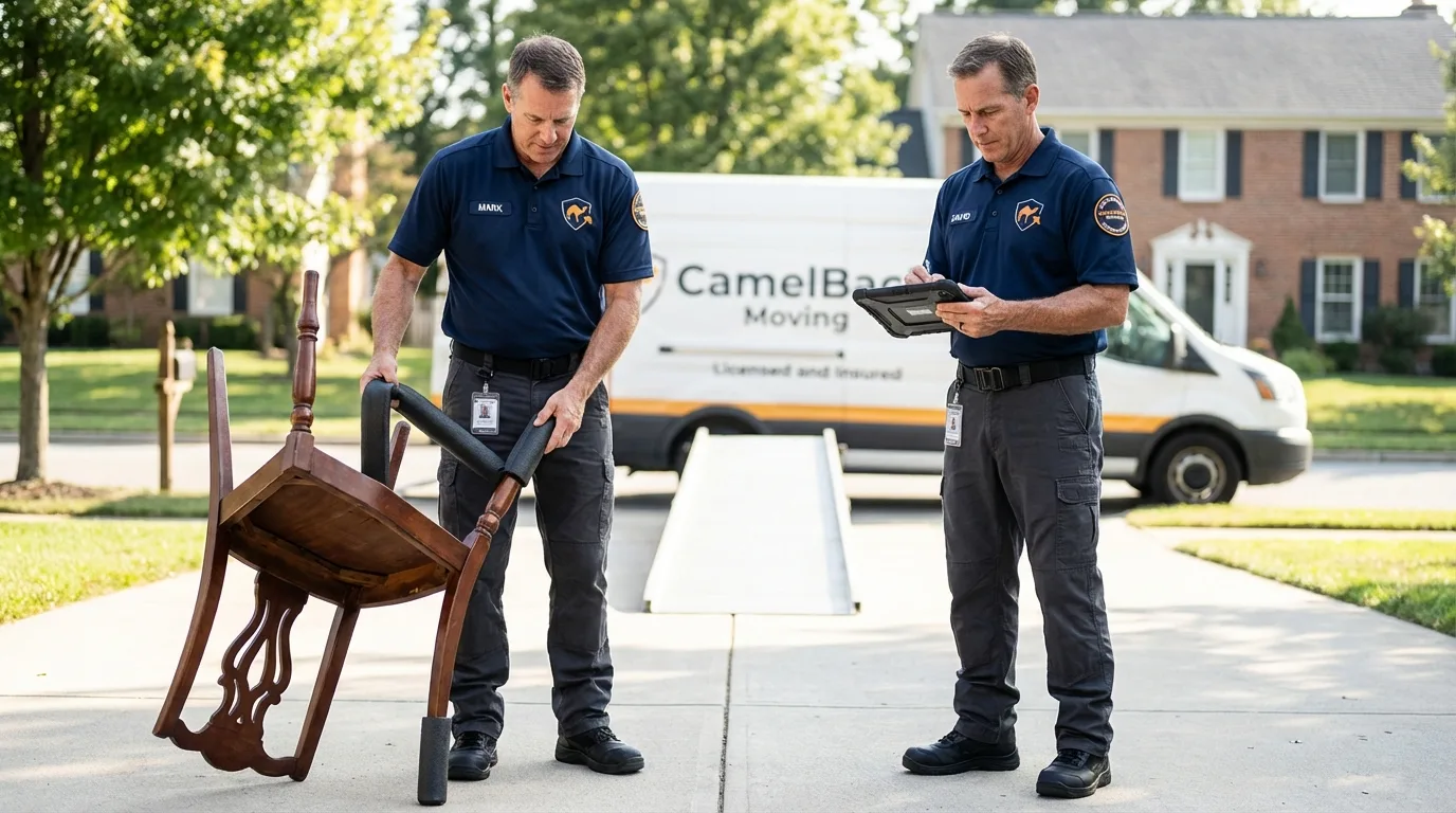 Movers inspecting furniture for damage prevention before loading in Pine Beach, NJ