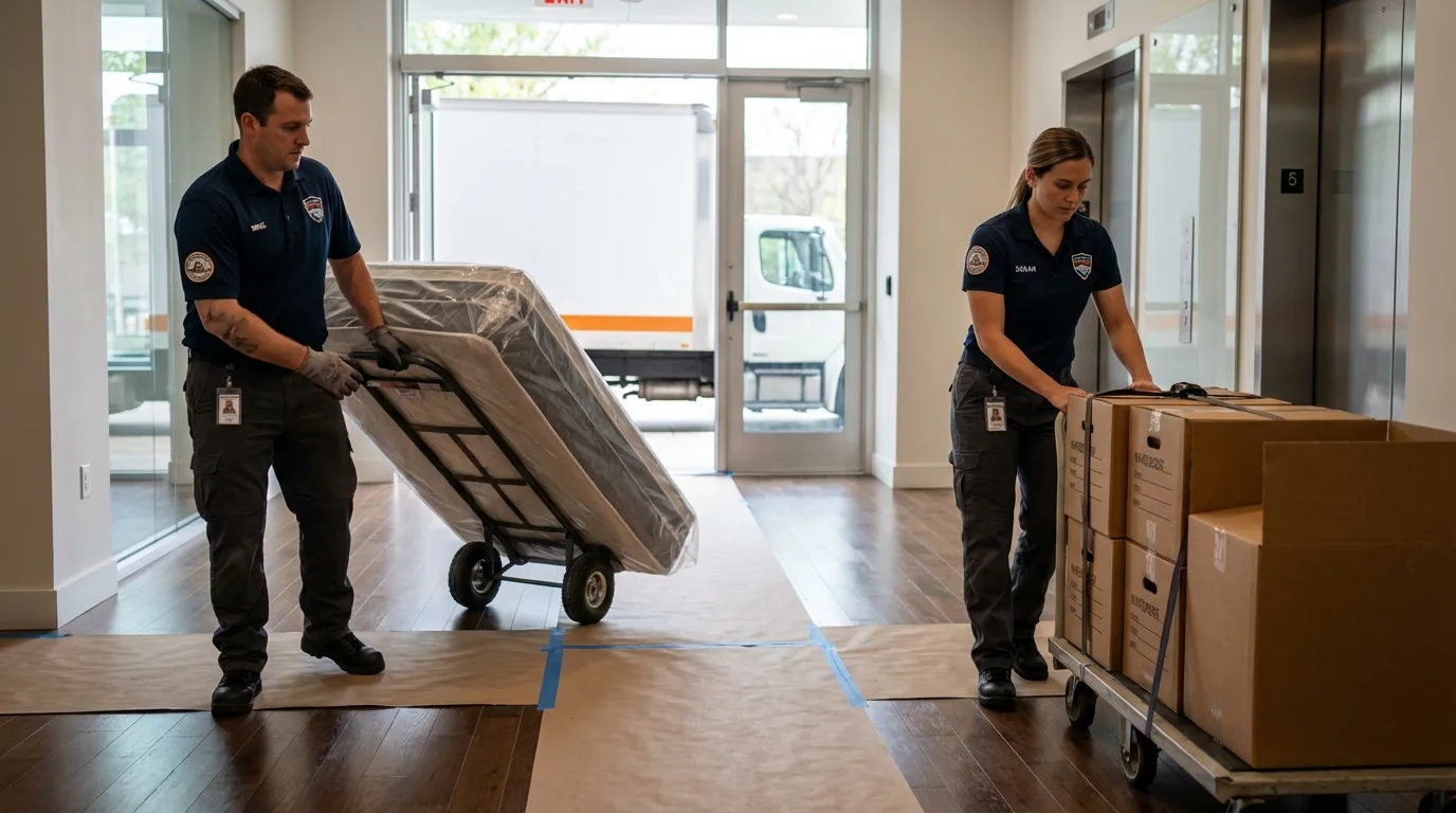 Professional apartment movers loading elevator in Pine Beach, NJ