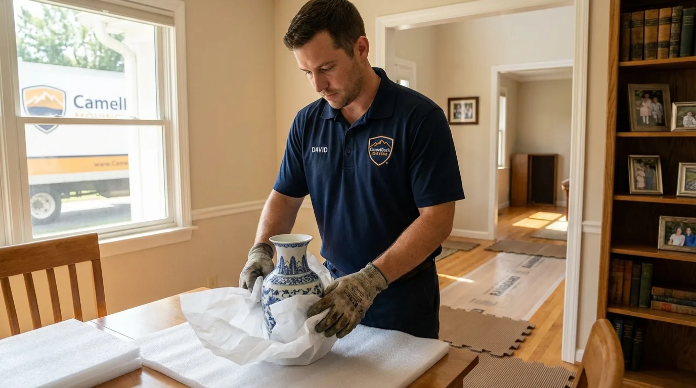 Professional crew carefully wrapping antique vase for senior downsizing move in Pine Beach, NJ